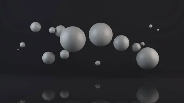 许多白色球的3d插图。球体随机地位于反射表面上方的空间中。3d 渲染、抽象、抽象、未来背景. — 图库照片