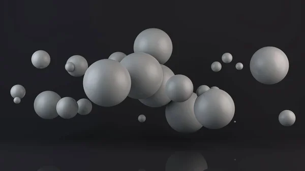 Ilustração 3D de muitas bolas brancas. As esferas estão localizadas aleatoriamente, aleatoriamente no espaço acima da superfície refletora. 3D renderização, abstração, abstrato, fundo futurista . — Fotografia de Stock