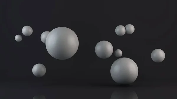 3D-illustratie van veel witte ballen. De bollen bevinden zich willekeurig, willekeurig in de ruimte boven het reflecterende oppervlak. 3D rendering, abstractie, abstract, futuristische achtergrond. — Stockfoto