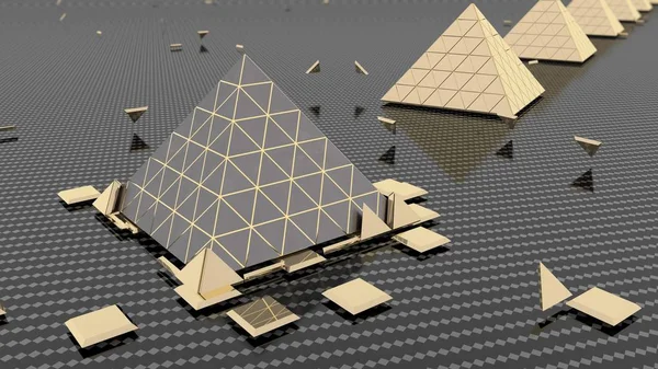 Renderização 3D de pirâmides de ouro e prata as pirâmides em um fundo de metal de tabuleiro de xadrez e peças definidas. A ideia de riqueza e estabilidade, a força do sistema financeiro. Ilustração 3D . — Fotografia de Stock