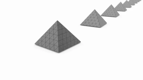 Prostorové vykreslování zlatých pyramid a stříbrné pyramidy na bílém pozadí a spousty střepů. Myšlenka bohatství a stability, síla finanční soustavy. 3D ilustrace. — Stock fotografie