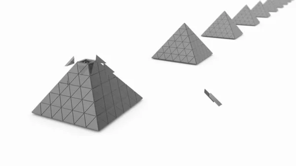 3D рендеринг золотых пирамид и серебряной пирамиды на белом фоне и много осколков. Идея богатства и стабильности, сила финансовой системы. 3D иллюстрация . — стоковое фото