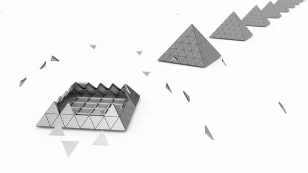 Representación en 3D de pirámides doradas y pirámide de plata sobre fondo blanco y muchos fragmentos. La idea de riqueza y estabilidad, la fuerza del sistema financiero. Ilustración 3D . —  Fotos de Stock