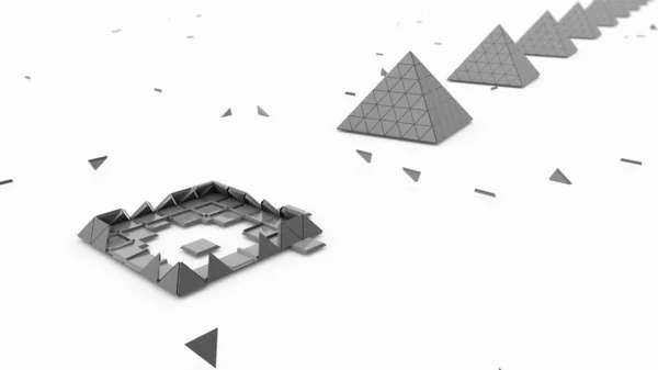3D renderização de pirâmides douradas e pirâmide de prata sobre fundo branco e lotes de fragmentos. A ideia de riqueza e estabilidade, a força do sistema financeiro. Ilustração 3D . — Fotografia de Stock