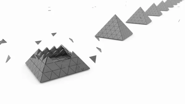 白い背景と破片の多くに黄金のピラミッドと銀のピラミッドの3Dレンダリング。富と安定の考え方、金融システムの強さ。3Dイラスト. — ストック写真