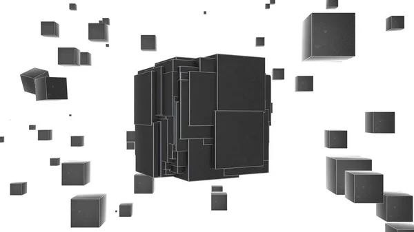 3D-s renderelés sok kocka a térben, a kocka szét a robbanás után, és véletlenszerűen elrendezni a térben. Az ötlet a nagy bumm és a digitális forradalom, a technológia. — Stock Fotó