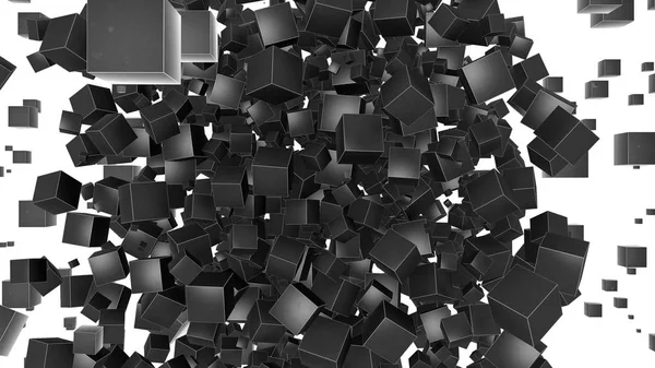 3D rendering of many cubes in space, the cubes scatter after the explosion and are randomly arranged in space. The idea of the big Bang and the digital revolution, technology.