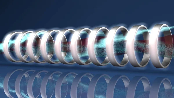 Ilustracja 3D akceleratora cząstek, synchrotronu z plazmą wewnątrz. Plazma jest utrzymywany przez pole magnetyczne z elektrycznymi zrzutami błyskawic. Renderowanie 3D. Przyszłość energetyczna — Zdjęcie stockowe