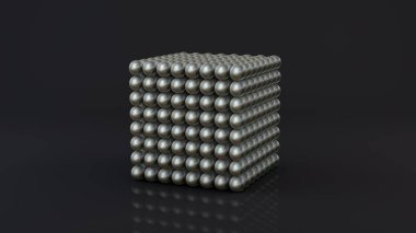 Bir neocube, birçok manyetik metal topları oluşan bir geometrik şekil 3d render. Koyu yansıtıcı bir yüzeyde neocub. Fütüristik soyut 3d tasarım. 3d render.