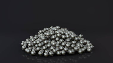 Bir yığın gümüş ve krom topları çok 3d render, küreler siyah yansıtıcı yüzeye dağılmış. Fütüristik arka plan, masaüstü ekran koruyucular, soyut kompozisyonlar için 3d illüstrasyon.