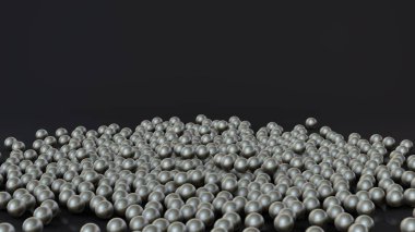 Bir yığın gümüş ve krom topları çok 3d render, küreler siyah yansıtıcı yüzeye dağılmış. Fütüristik arka plan, masaüstü ekran koruyucular, soyut kompozisyonlar için 3d illüstrasyon.