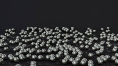 Bir yığın gümüş ve krom topları çok 3d render, küreler siyah yansıtıcı yüzeye dağılmış. Fütüristik arka plan, masaüstü ekran koruyucular, soyut kompozisyonlar için 3d illüstrasyon.