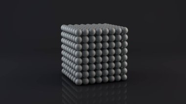 Bir neocube, birçok manyetik metal topları oluşan bir geometrik şekil 3d render. Koyu yansıtıcı bir yüzeyde neocub. Fütüristik soyut 3d tasarım. 3d render.