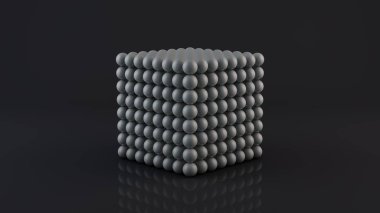 Bir neocube, birçok manyetik metal topları oluşan bir geometrik şekil 3d render. Koyu yansıtıcı bir yüzeyde neocub. Fütüristik soyut 3d tasarım. 3d render.