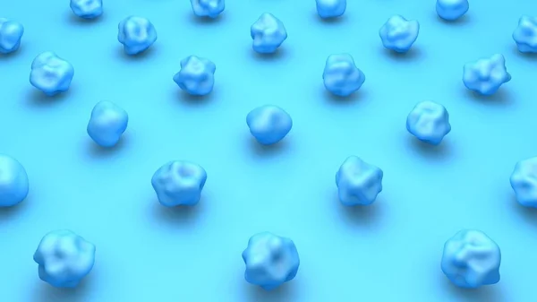 Imagen 3D de muchos cuerpos de forma esférica, superficie flexible, azul sobre fondo azul. Ilustración abstracta de fondo de escritorio, representación 3D en estilo futurista . — Foto de Stock