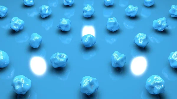 Imagen 3D de muchos cuerpos de forma esférica, superficie flexible, azul sobre fondo azul. Ilustración abstracta de fondo de escritorio, representación 3D en estilo futurista . — Foto de Stock