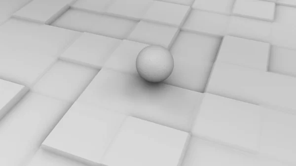 Ilustración 3D de una esfera blanca sobre una superficie blanca con un relieve cúbico. Diseño futurista, fondo abstracto para su escritorio. Representación 3D de una disposición caótica de la geometría en una superficie . —  Fotos de Stock
