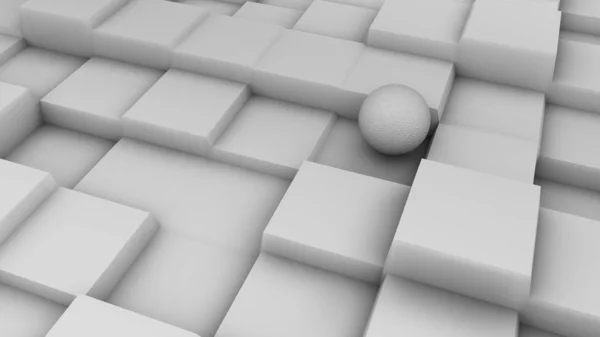 3D ілюстрація білої сфери на білій поверхні з кубічним рельєфом. Футуристичний дизайн, абстрактний фон для вашої стільниці. 3D візуалізація хаотичного розташування геометрії на поверхні . — стокове фото
