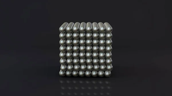 3D візуалізація неокуба, геометрична фігура, що складається з багатьох хромованих магнітних металевих кульок. Неокуб руйнується на темній поверхні відбиття. Футуристичний абстрактний 3D дизайн. 3D візуалізація . — стокове фото
