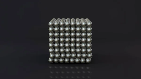 Representación 3D de un neocubo, una figura geométrica que consta de muchas bolas de metal magnético cromado. El neocubo se destruye en una superficie reflectante oscura. Diseño 3D futurista abstracto. Renderizado 3D . —  Fotos de Stock