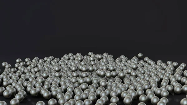 3D representación de un montón de bolas de plata y cromo en una pila, esferas dispersas en la superficie reflectante negro. Ilustración 3D para fondo futurista, salvapantallas de escritorio, composiciones abstractas . — Foto de Stock