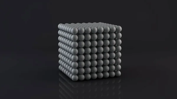 3D візуалізація неокуба, геометрична фігура, що складається з багатьох магнітних металевих кульок. Неокуб на темній відбиваючій поверхні. Футуристичний абстрактний 3D дизайн. 3D візуалізація . — стокове фото