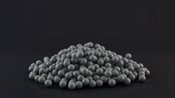 3D representación de un montón de bolas de plata y cromo en una pila, esferas dispersas en la superficie reflectante negro. Ilustración 3D para fondo futurista, salvapantallas de escritorio, composiciones abstractas . — Foto de Stock