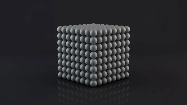 Renderização 3D de um neocube, uma figura geométrica que consiste em muitas bolas de metal magnético. Neocub em uma superfície reflexiva escura. Design 3D abstrato futurista. Renderização 3D . — Fotografia de Stock