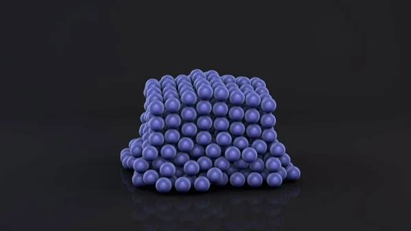 3D vykreslování Neocube, Geometrická postava skládající se z mnoha purpurově magnetických kovových koulí. Neocube se zničí na tmavém odrazovém povrchu. Futuristický abstraktní 3D design. prostorové vykreslování. — Stock fotografie