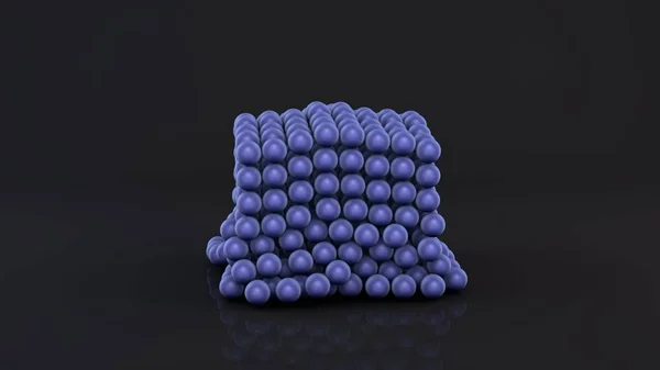 3D візуалізація неокуба, геометрична фігура, що складається з багатьох фіолетових магнітних металевих кульок. Неокуб руйнується на темній поверхні відбиття. Футуристичний абстрактний 3D дизайн. 3D візуалізація . — стокове фото