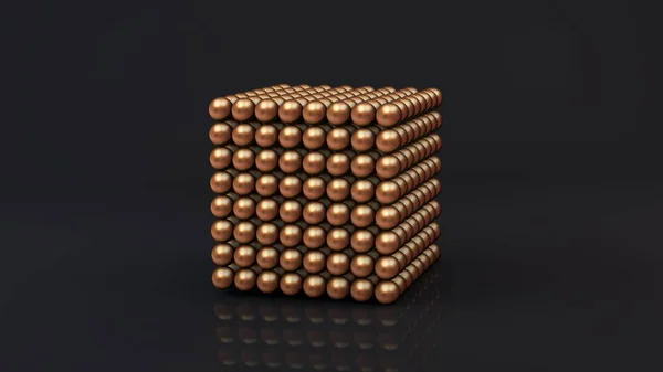 3D візуалізація неокуба, геометрична фігура, що складається з багатьох магнітних металевих кульок бронзи. Неокуб на темній відбиваючій поверхні. Футуристичний абстрактний 3D дизайн. 3D візуалізація . — стокове фото