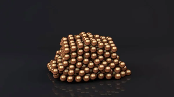 Representación 3D neocube, formas geométricas compuestas de múltiples cuentas de metal magnético de bronce color bronce. El neocubo se destruye en una superficie reflectante oscura. Diseño 3D futurista abstracto. Renderizado 3D — Foto de Stock