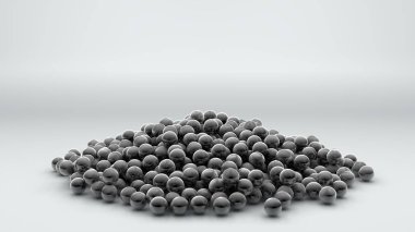 3d bir yığın metal krom topları çok render, küreler beyaz bir yüzeye dağılmış. Fütüristik arka plan, masaüstü ekran koruyucular, soyut kompozisyonlar için 3d illüstrasyon.