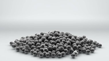 3d bir yığın metal krom topları çok render, küreler beyaz bir yüzeye dağılmış. Fütüristik arka plan, masaüstü ekran koruyucular, soyut kompozisyonlar için 3d illüstrasyon.