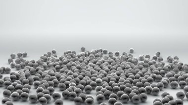 3d bir yığın metal krom topları çok render, küreler beyaz bir yüzeye dağılmış. Fütüristik arka plan, masaüstü ekran koruyucular, soyut kompozisyonlar için 3d illüstrasyon.