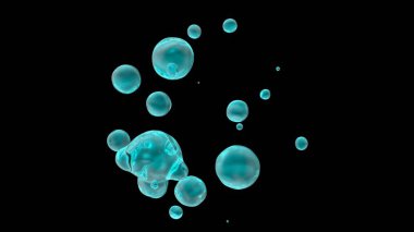 Sıfır yerçekiminde su damlacıklarının 3boyutlu olarak işlenmesi, izole edilmiş siyah bir arka plan üzerinde. Uzayda damla, görüntü fütüristik. Arka plan ve kompozisyonlar için soyutlama.