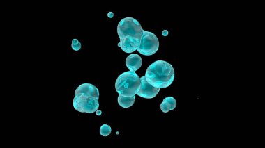 Sıfır yerçekiminde su damlacıklarının 3boyutlu olarak işlenmesi, izole edilmiş siyah bir arka plan üzerinde. Uzayda damla, görüntü fütüristik. Arka plan ve kompozisyonlar için soyutlama.