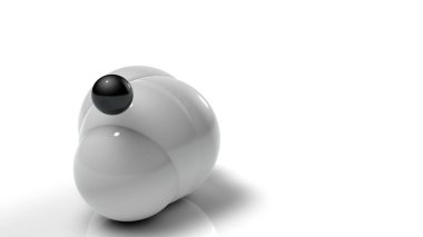 Beyaz yansıtıcı arka plan üzerinde beyaz topları 3d illüstrasyon. Farklı boyutlarda toplar farklı yönlere yuvarlanır. Alan derinliği ile arka plan ve masaüstü 3d render için fütüristik görüntü