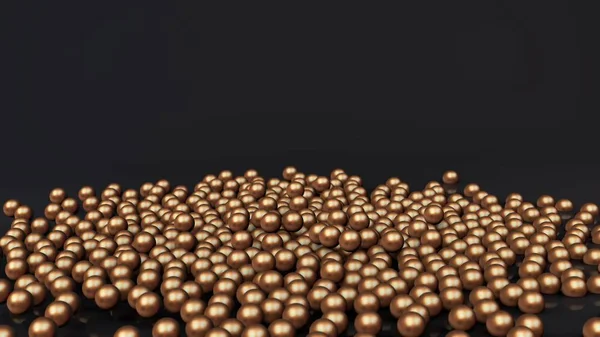 Renderowanie 3D wiele kulek z brązu i złota w stos, kule rozpraszają na czarnej powierzchni odbijającej. ilustracja 3D dla futurystycznego tła, wygaszacze ekranu, kompozycje abstrakcyjne. — Zdjęcie stockowe