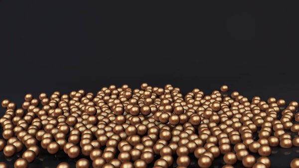 3D рендеринг много бронзовых и золотых шариков в кучу, сферы рассеиваются по черной отражательной поверхности. 3D иллюстрации для футуристического фона, настольные заставки, абстрактные композиции
.