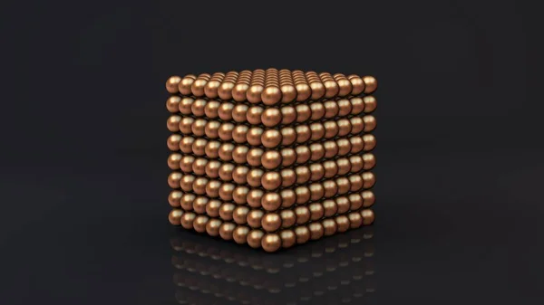 3D renderização de um neocube, uma figura geométrica que consiste em muitas bolas de metal magnético de bronze. Neocub em uma superfície reflexiva escura. Design 3D abstrato futurista. Renderização 3D . — Fotografia de Stock