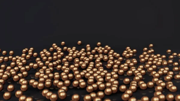 3D representación de un montón de bolas de bronce y oro en una pila, las esferas se dispersan en la superficie reflectante negro. Ilustración 3D para fondo futurista, salvapantallas de escritorio, composiciones abstractas . — Foto de Stock