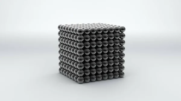 Renderização 3D de um neocube, uma figura geométrica que consiste em muitas bolas de metal magnético cromadas. Neocube na superfície branca, isolado. Design 3D abstrato futurista. Renderização 3D . — Fotografia de Stock