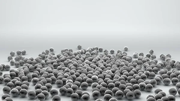 3D representación de un montón de bolas de metal cromado en una pila, esferas dispersas en una superficie blanca. Ilustración 3D para fondo futurista, salvapantallas de escritorio, composiciones abstractas . — Foto de Stock