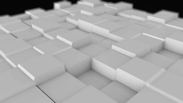 3D иллюстрация абстрактного фона многих кубических выступов на белой поверхности с размытым фоном. Изолированный на черном фоне 3D рендеринг, футуристический дизайн, абстракция . — стоковое фото