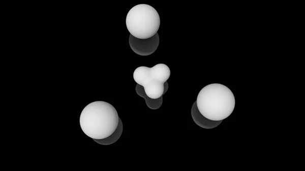 厳密に幾何学的構造の空間で黒い反射面の上に位置するミルク滴、円形の3D図。オブジェクトの3Dレンダリング、未来的な背景イメージ — ストック写真