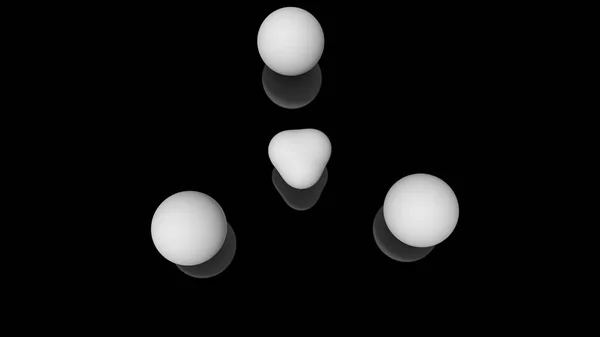 3D illustration av mjölk droppar, rund form, placerad ovanför den svarta reflekterande ytan i rymden i en strikt geometrisk struktur. 3D-rendering av objekt, futuristisk bakgrundsbild — Stockfoto