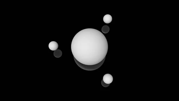 3D-Illustration von Milchtropfen, runde Form, die sich über der schwarzen reflektierenden Oberfläche im Raum in einer streng geometrischen Struktur befinden. 3D-Darstellung von Objekten, futuristisches Hintergrundbild — Stockfoto