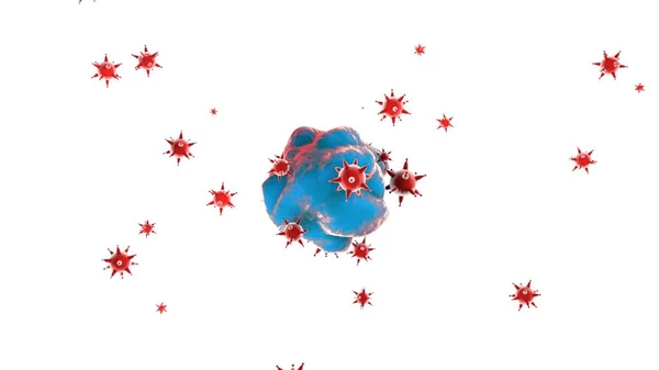 3D απεικόνιση ενός ιού που δέχεται επίθεση από αντισώματα. Η ιδέα της ασυλίας, της ασθένειας, των απειλών για την υγεία. απόδοση 3D σε λευκό φόντο, απομονωμένα αντικείμενα. — Φωτογραφία Αρχείου