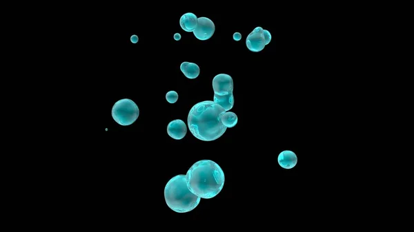 3D rendering of water droplets in zero gravity, on a black background isolated. Drops in space, the image is futuristic. Abstraction for background and compositions.